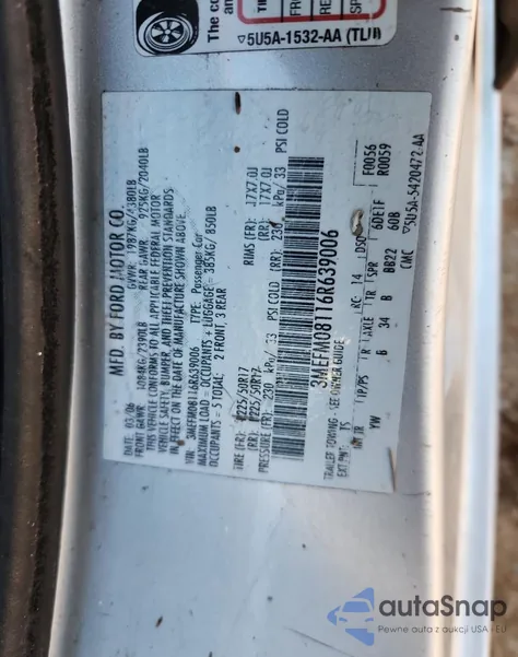 2006 Mercury Milan Premier из США, поврежденный, VIN 3MEFM08116R639006